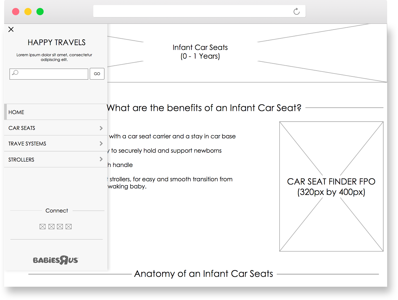 Happy Travels wireframe desktop with menu open